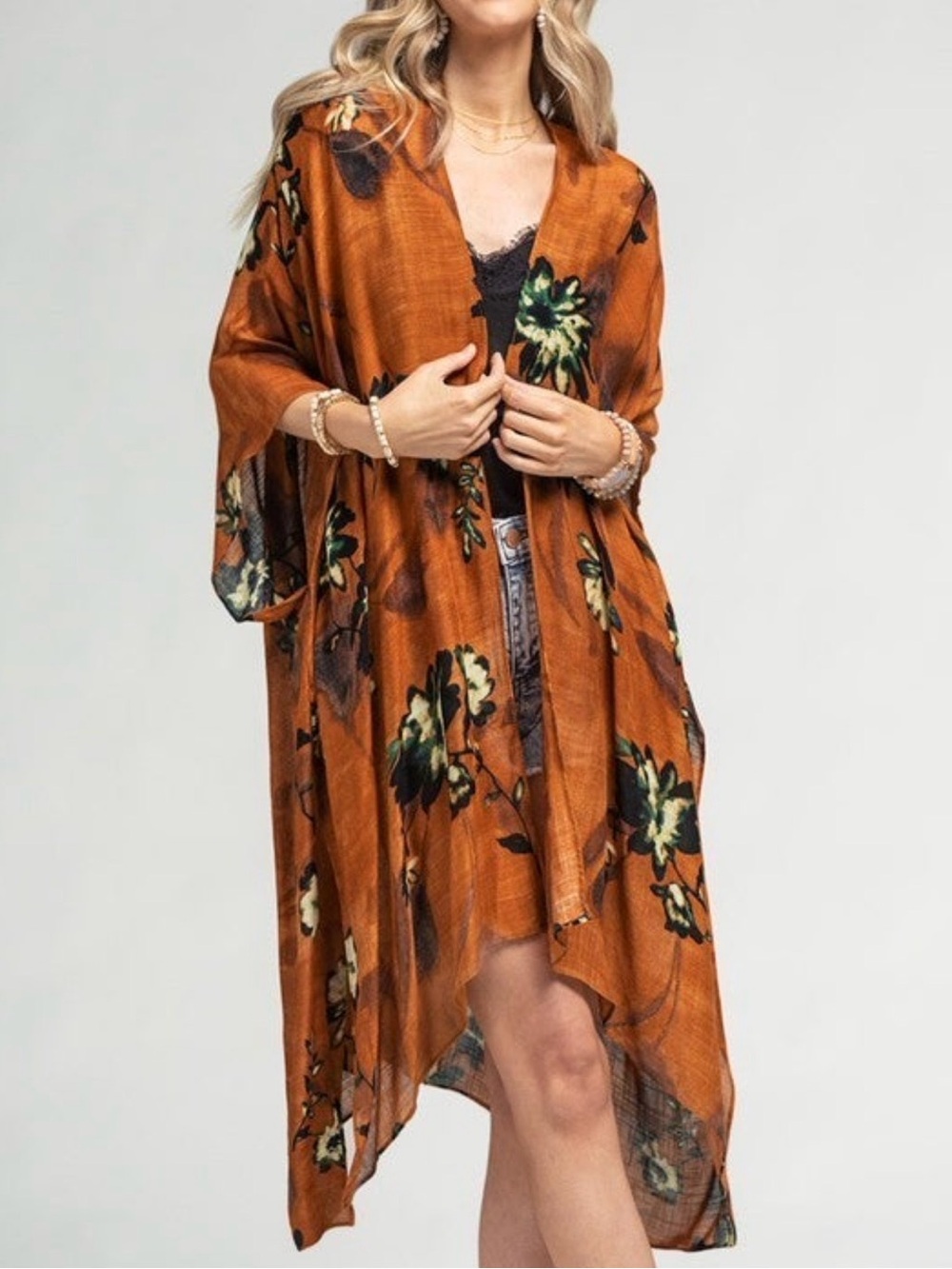 Macchia Di Ruggine- Women's Burnt Orange Floral Open-Front Cape Kimono